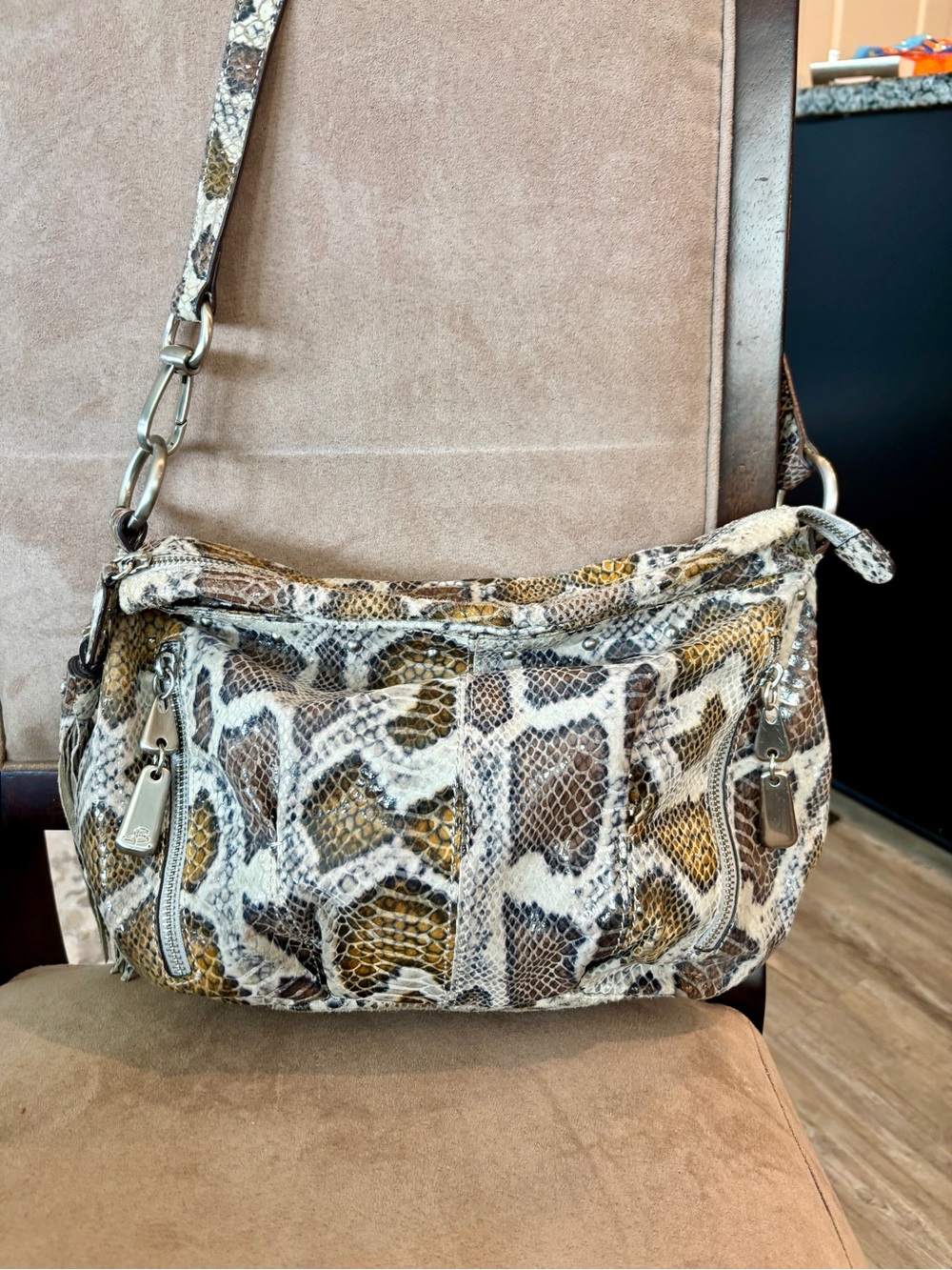 B Makowsky Python-Print Shoulder Bag in Brown and Cream - Designer Style